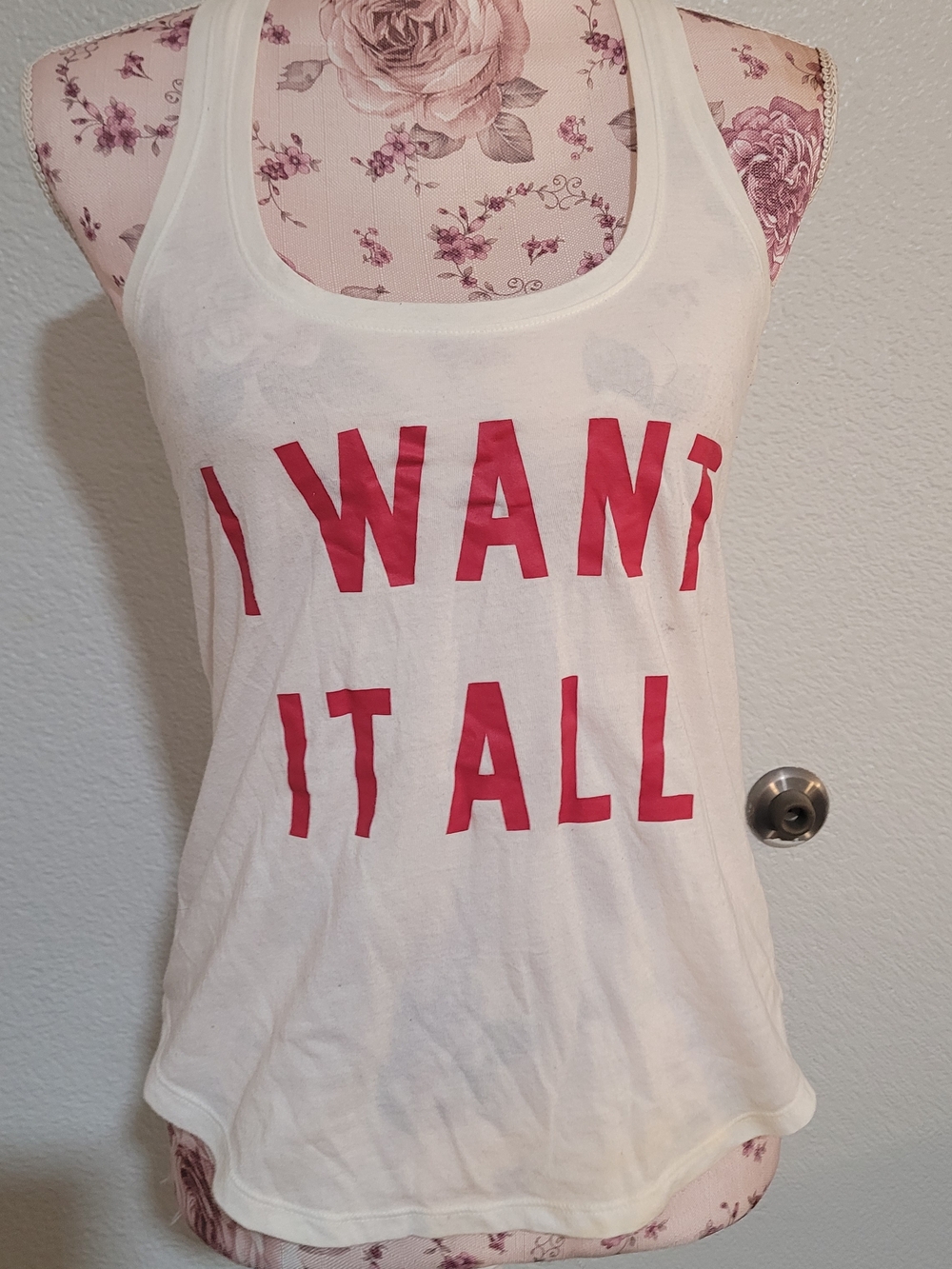White Graphic Tank Top "I WANT IT ALL"- Women's Casual Racerback/ Sleep TOP